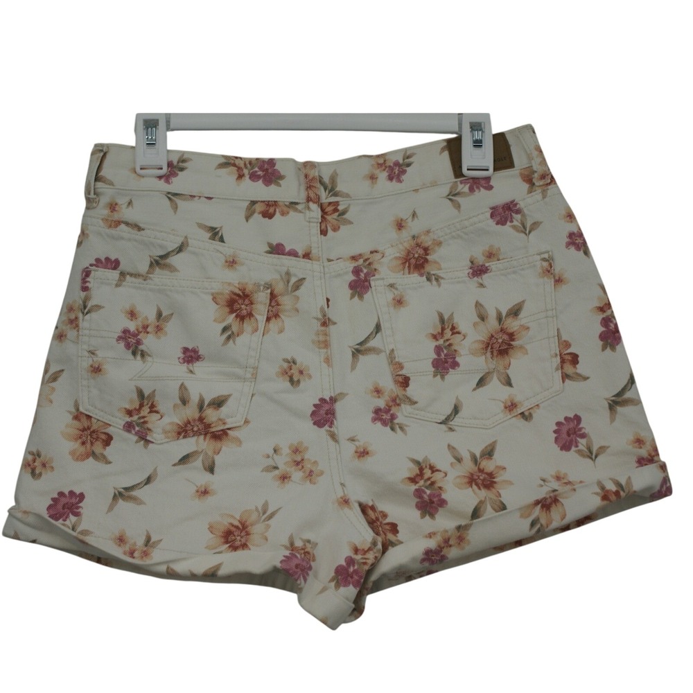 American Eagle Floral High Waisted Denim Shorts Ivory Pink Size 8 Cuffed Hem